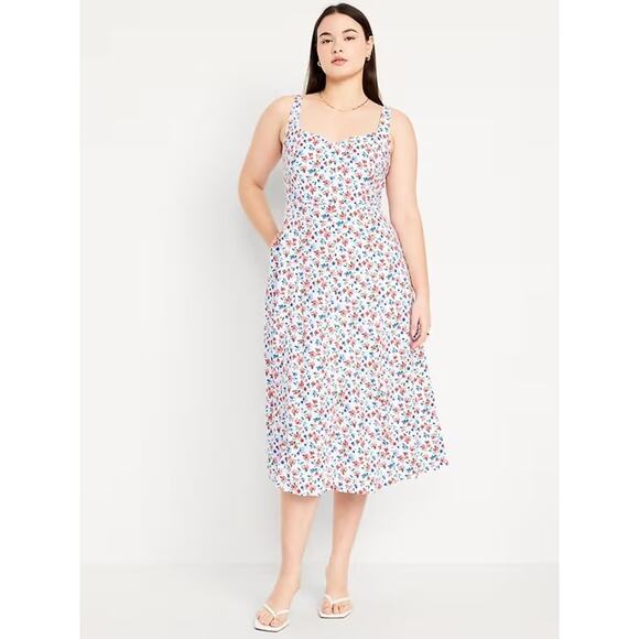 Old Navy Linen Blend Floral Midi Dress Cottagecore Ditsy Milkmaid Feminine sz S - Picture 1 of 8